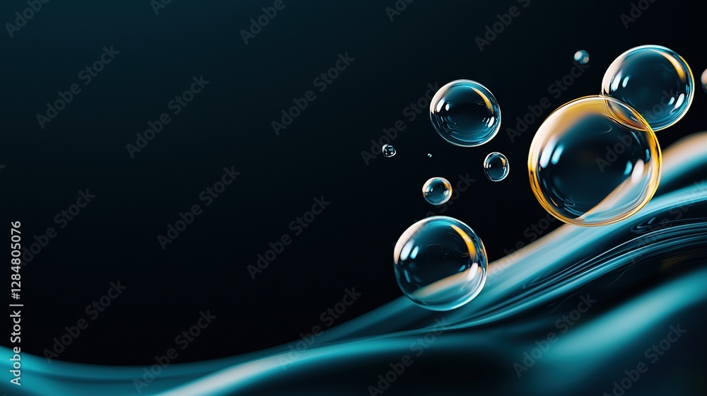 Aufkleber a cluster of spheres hovering against a dark backdrop with an azure and gold water wave in the backg