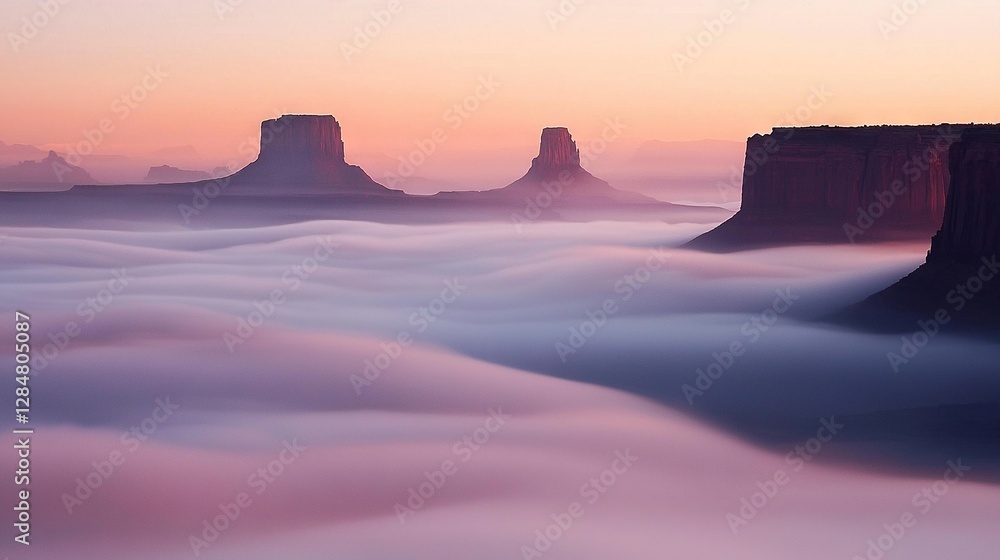 Poster a distant mountain range obscured by a layer of fog in the foreground