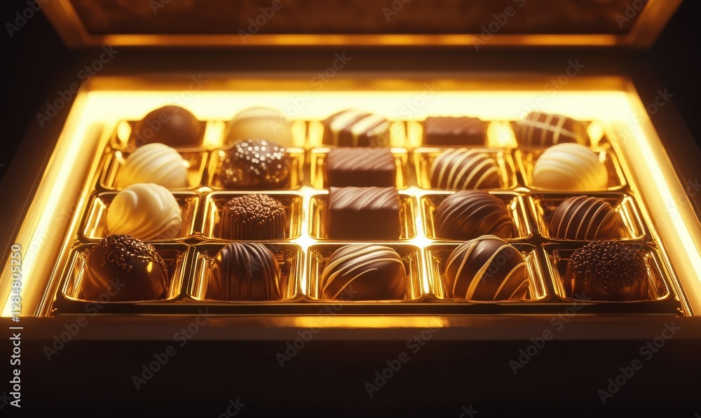 Poster luxurious display of assorted chocolates arranged neatly in a gold-lined box illuminated by soft glo