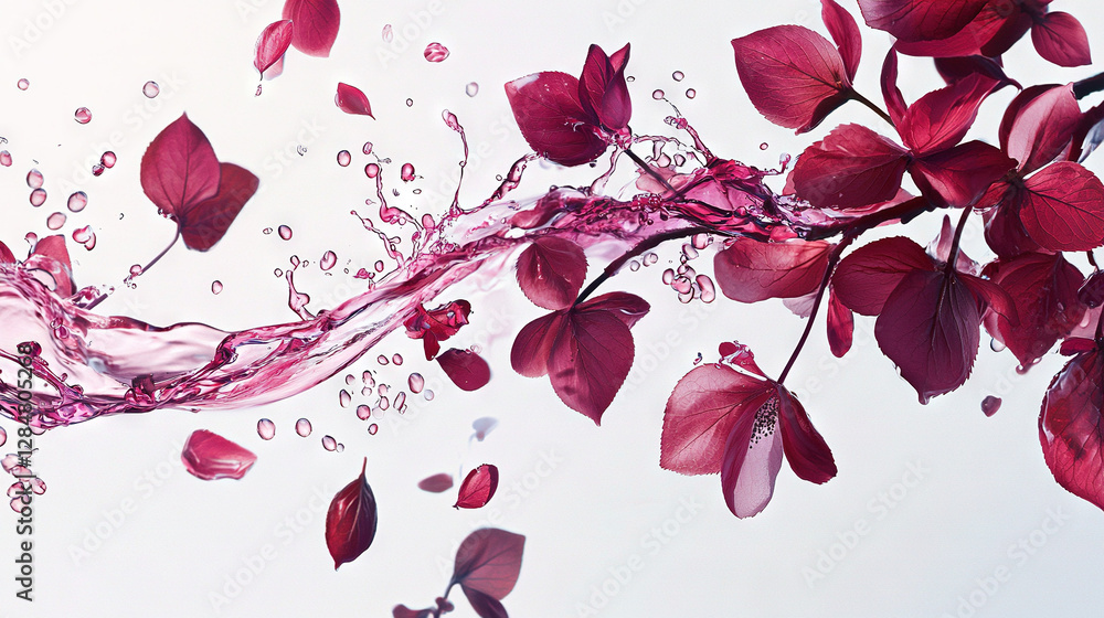 Poster a red-leafed tree branch with floating water droplets