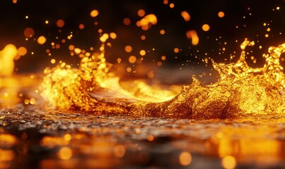 Naklejka premium Dramatic shot of molten golden liquid splashing in mid-air, glowing with warm light against a dark background, symbolizing power and luxury