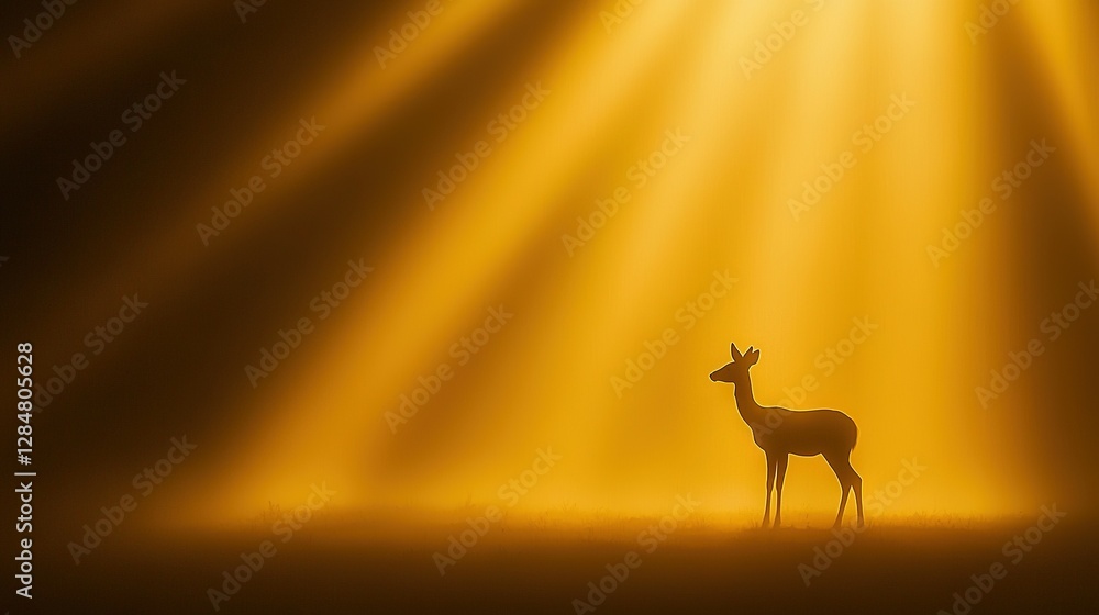 Poster a deer standing in a field with beams of light emanating from behind its head