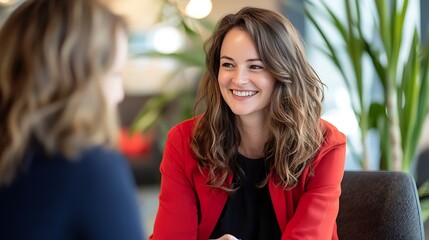 Female manager smiling confidently while interviewing an applicant in a modern office setting