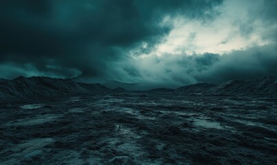 Fototapeta premium Dramatic sky filled with dark storm clouds over a barren landscape, soft natural light creating depth and a sense of mystery