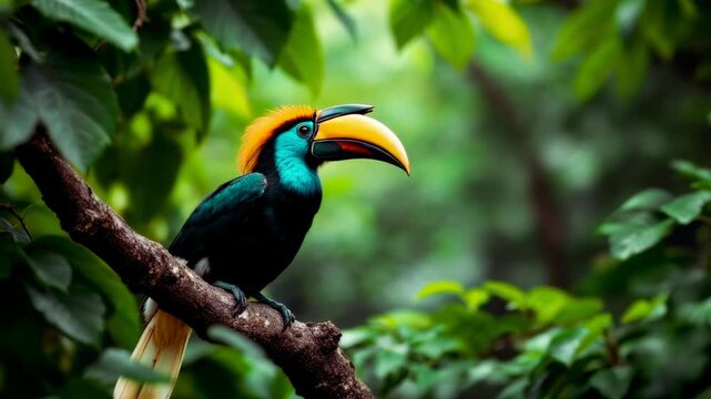 Colorful Hornbill Bird Perched on Branch in Lush Green Forest