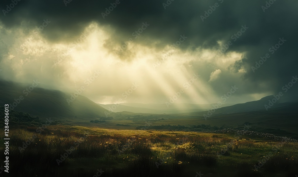 Poster dramatic storm clouds gathering over a distant landscape, illuminated by diffused light breaking thr
