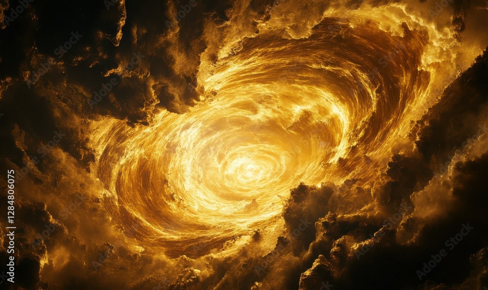 Poster dynamic swirling particles of golden light against a dark backdrop, creating depth and a magical cel
