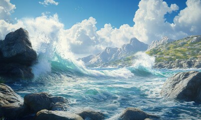 Dramatic splash of ocean waves crashing against rugged rocks under a bright blue sky, soft natural light creating a dynamic and expansive seascape
