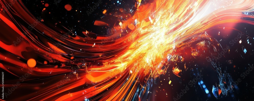 Poster abstract dynamic burst of red and orange light with shards against dark background