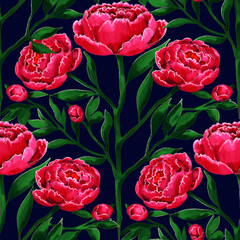 Seamless pattern of peony flowers on dark background. Hand drawn watercolor illustration. Botanical texture for fabric, wrapping paper, packaging, backgrounds, wallpapers, stationery.