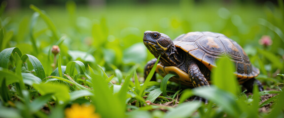 Fototapeta premium Turtle crawling through lush green grass, exuding a calm and serene feeling in a sunlit environment surrounded by vibrant wildflowers