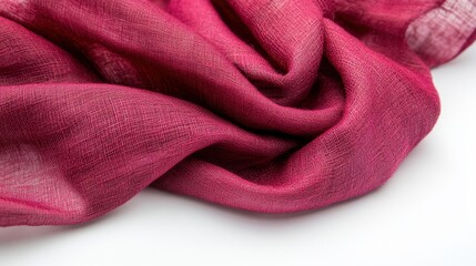 Deep red crumpled cotton fabric with soft creases and natural texture on a white background