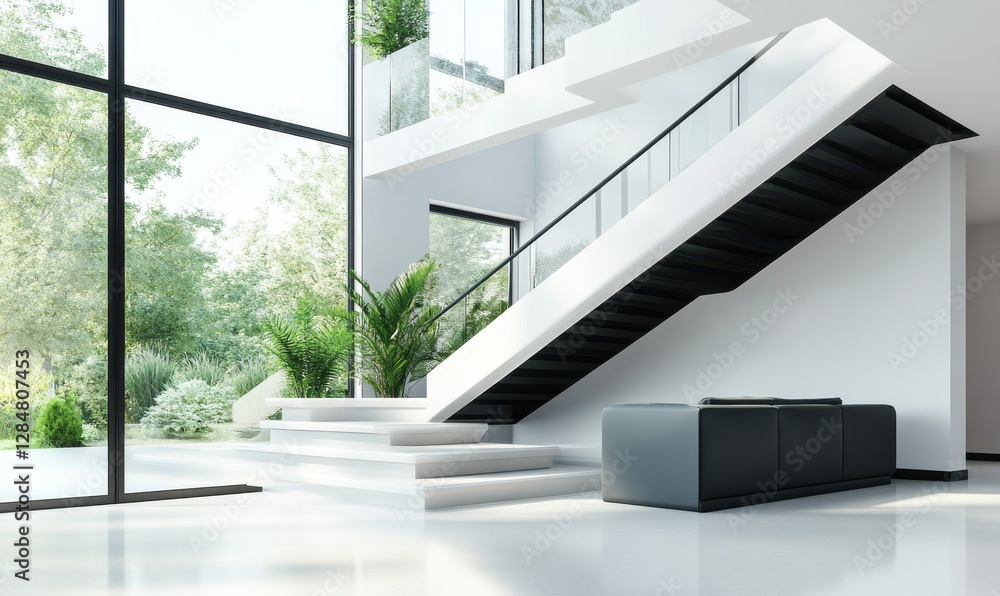 Aufkleber elegant modern staircase with sleek black handrails and white steps, natural light streaming through