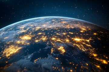 Obraz premium Global City Lights: A breathtaking view of Earth from space, showcasing the vibrant glow of city lights illuminating the continents against a backdrop of a star-studded cosmos.
