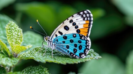 Obraz premium Colorful butterfly resting on leaf, green background, nature close-up
