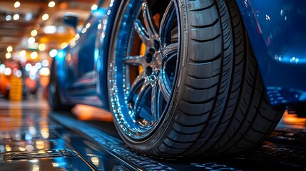 Stylish close-up of sports car's chrome wheel, intricate detailing of custom rim. Blurred background enhances focus on high-end tire customization