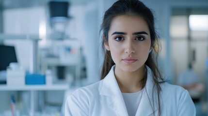 Fototapeta premium A young Middle Eastern woman in a lab coat poses confidently in a modern laboratory setting. Her serious expression reflects professionalism and dedication to science.