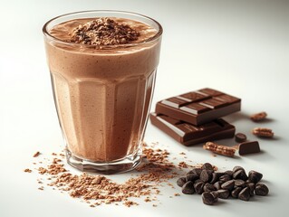 Photos of delicious protein smoothies in transparent glasses, showing a rich texture, filling with natural ingredients in a warm minimalist setting.
