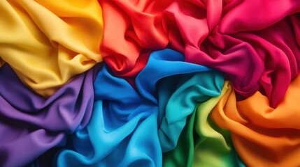 Playfully crumpled rainbow-hued synthetic fabric, creating a vibrant abstract pattern