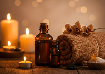 A cozy spa scene with essential oils, candles, and a warm towel