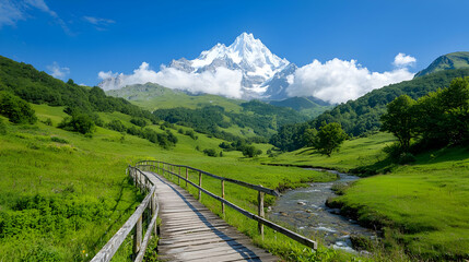 Mountain valley wooden bridge summer hike scenic