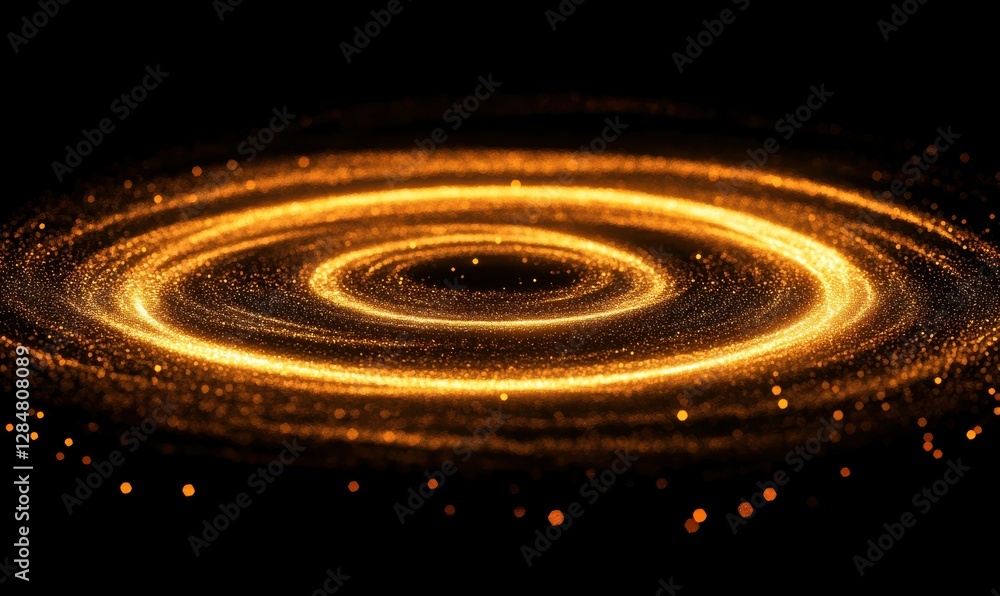 Poster dynamic abstract composition of swirling golden particles forming a glowing vortex against a dark ba