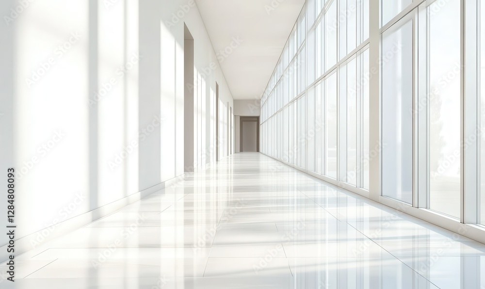 Poster minimalist architectural hallway with bright natural light streaming through large windows, creating
