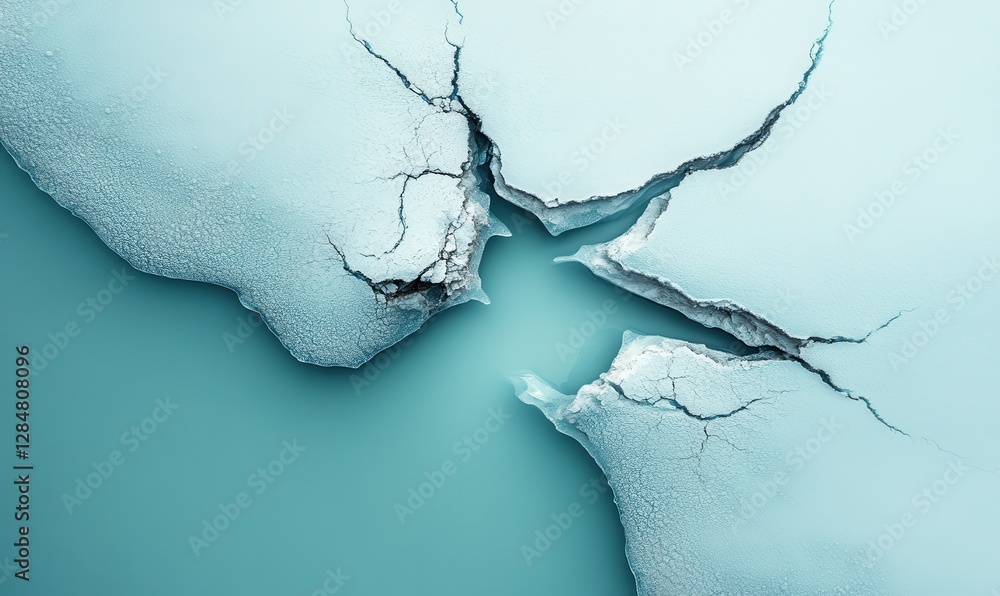 Poster minimalist aerial view of a smooth turquoise ice surface with intricate cracks and glowing highlight