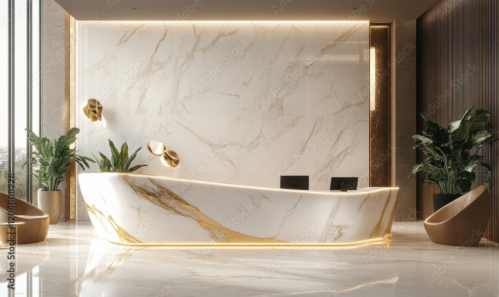 Poster luxurious white marble surface with intricate golden veining illuminated by soft ambient light, crea