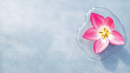  Pink flower in vase on light blue surface with hand shadow