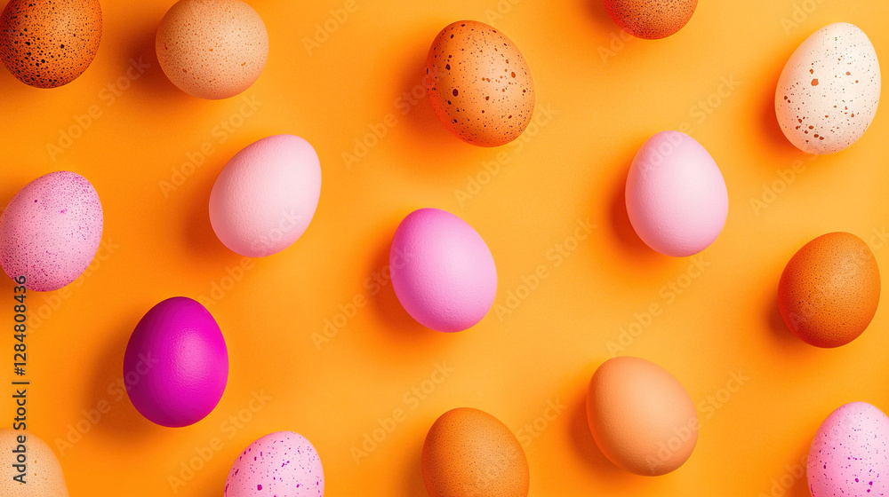 Poster a group of various-colored eggs arranged on a yellow background with speckled eggs at the center of 