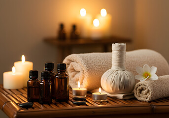 A cozy spa scene with essential oils, candles, and a warm towel