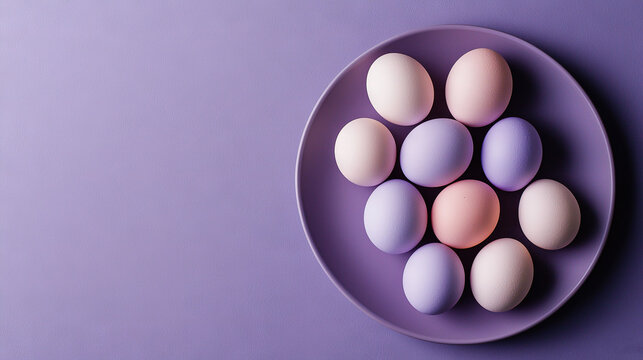   A purple plate full of eggs on a purple and purple background with a few white ones in the center
