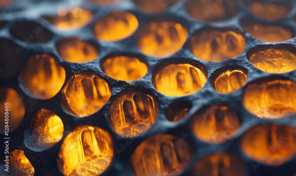 Poster macro shot of a honeycomb structure illuminated by soft warm light, highlighting its intricate textu