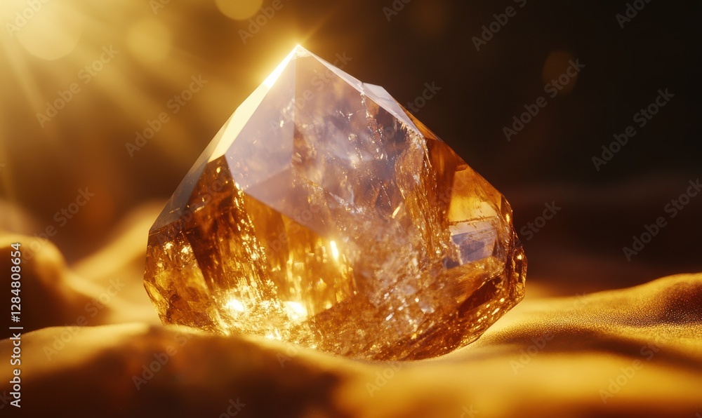 Poster macro shot of a single sparkling crystal illuminated by warm ambient light creating a luxurious and 