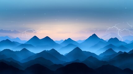 Obraz premium Serene Mountain Landscape at Dusk with Distant Lightning and Soft Blue Hues