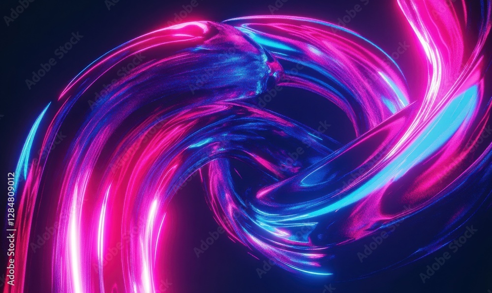 Poster dynamic abstract swirl of neon colors blending seamlessly against a dark background, illuminated by 