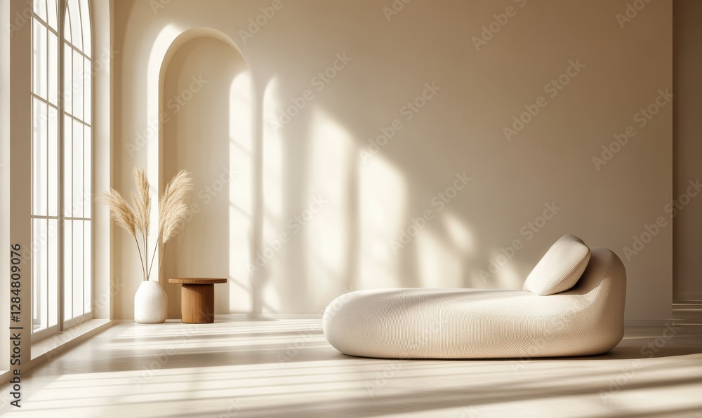 Poster minimalist beige interior with sunlight streaming through large windows, casting soft shadows on a c