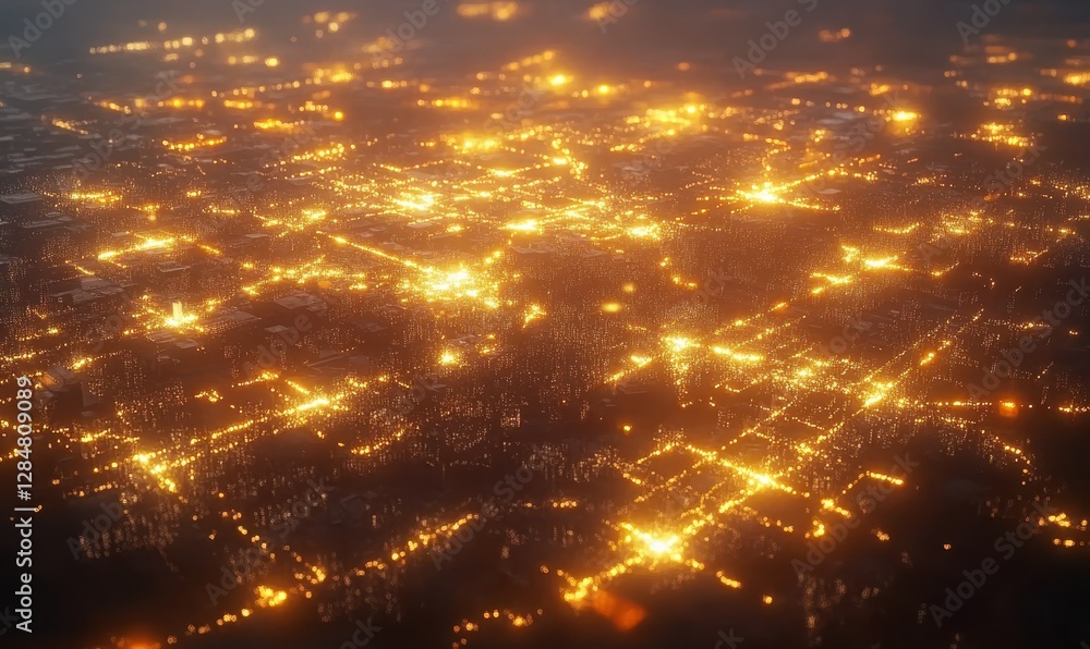 Poster dynamic aerial view of a glowing network of connected cities illuminated by golden light, symbolizin