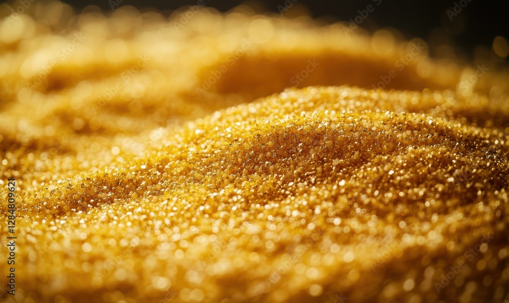 Poster macro shot of glittering golden particles cascading against a dark background illuminated by soft am