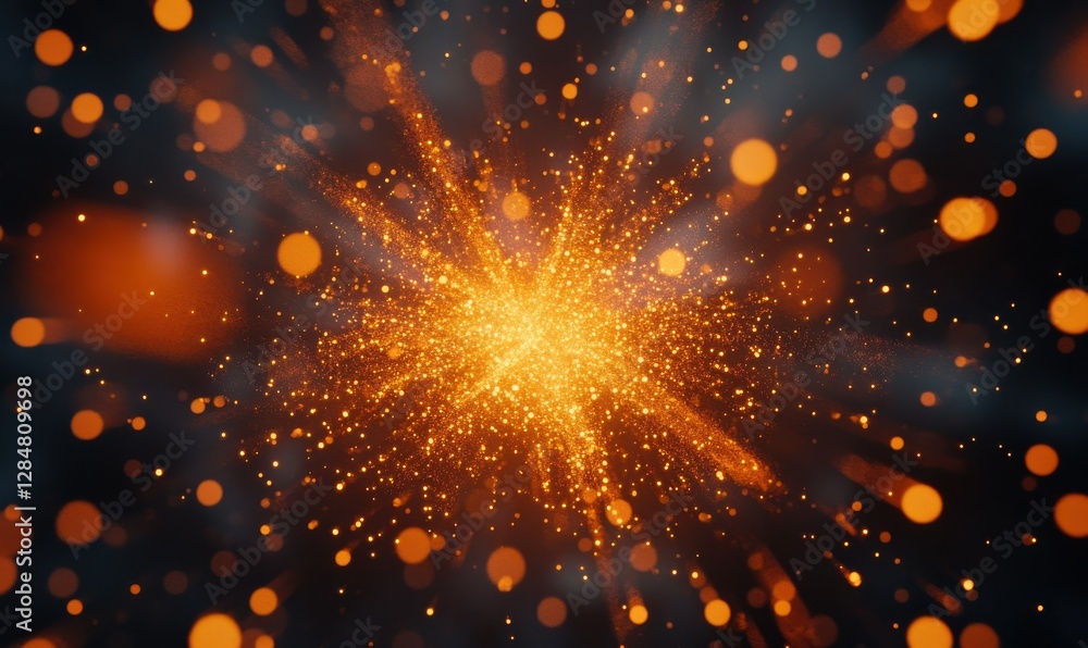 Poster dynamic burst of glowing orange and yellow particles radiating from a central point, creating an ene