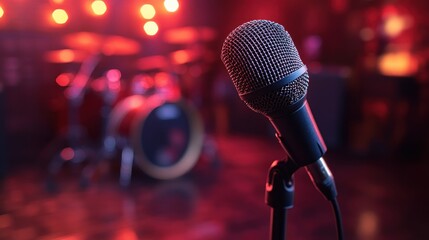 Stage microphone, red lights, drum kit, concert, music