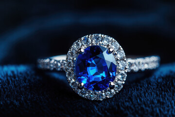 Luxurious blue sapphire gemstone ring set with sparkling diamonds on a dark velvet background, exuding elegance and sophistication in a timeless jewelry design.