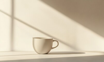 Minimalist coffee cup in a soft gray tone placed on a neutral background, clean design and gentle lighting creating a serene aesthetic