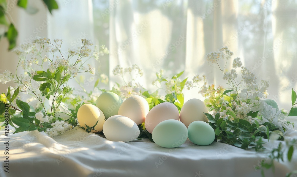 Poster festive easter table setup with pastel-colored eggs placed neatly on a soft linen cloth, surrounded 