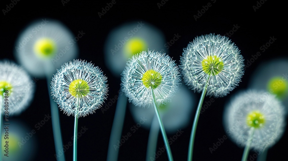 Poster a zoomed-in picture of dandelion clusters against a dark backdrop, with out-of-focus images of the f