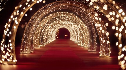 A golden archway decorated with twinkling lights leading into a grand New Year's Eve party on a rich maroon background