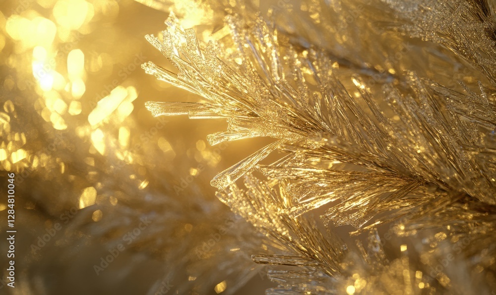 Poster macro shot of shimmering frost on delicate pine branches illuminated by soft golden light creating a