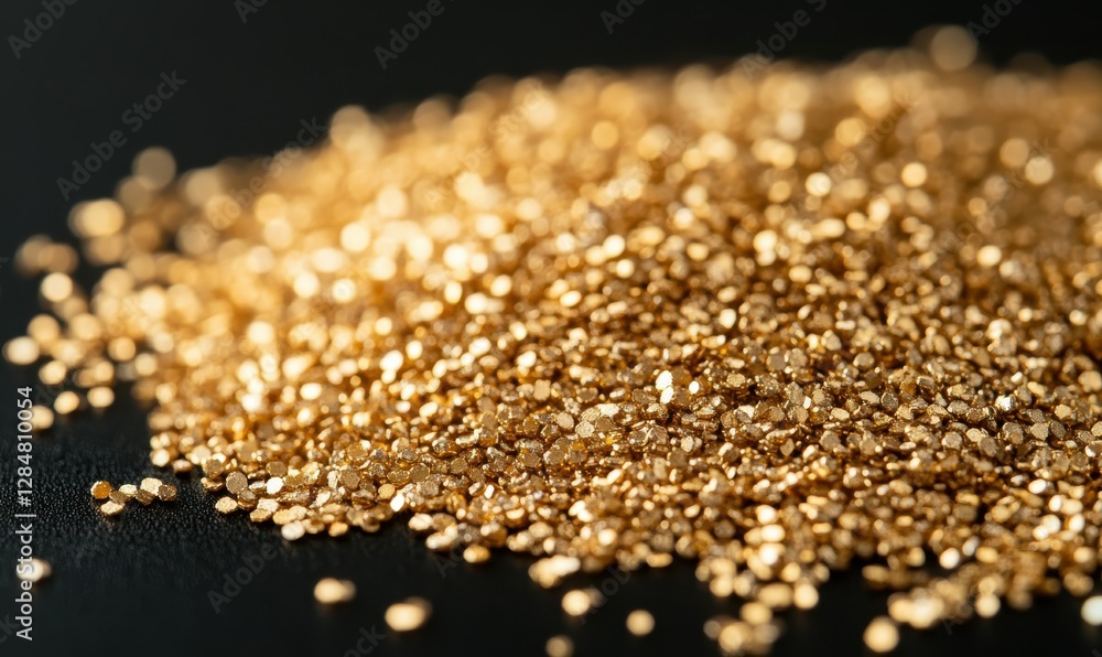 Poster macro shot of shimmering golden glitter blending dynamically on a sleek black surface, symbolizing l