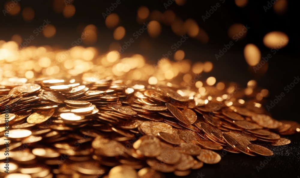 Poster macro shot of shimmering golden sequins scattered on a black background, illuminated by warm light c